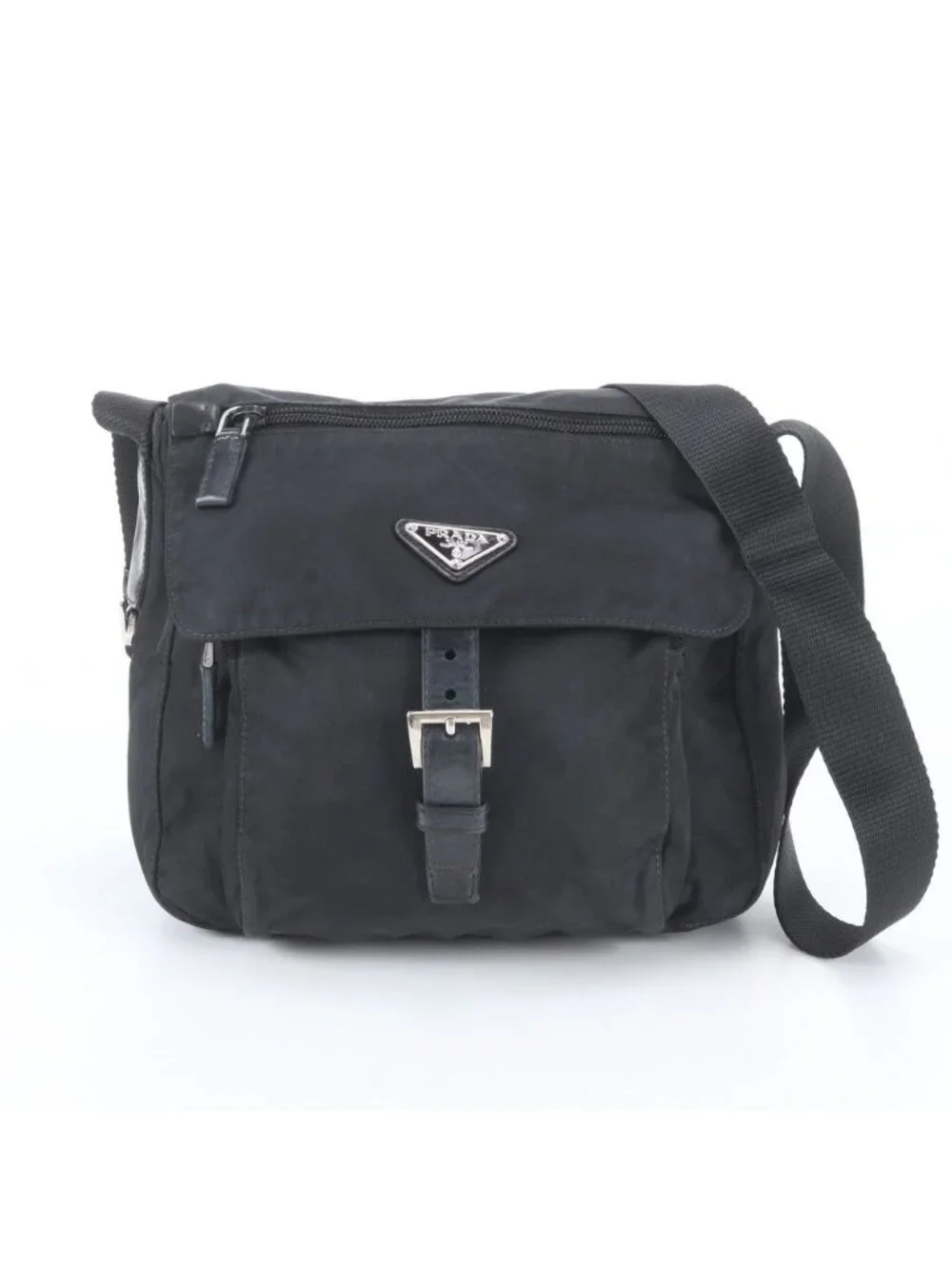 Prada Tessuto Nylon Triangle Logo Leather Shoulder Bag Crossbody Messenger Black